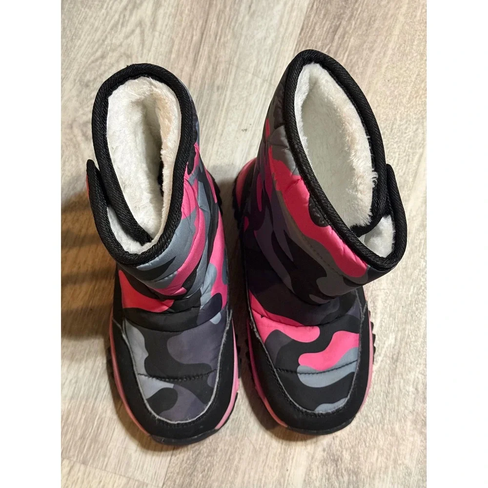 Kids Camo Sport Snow Boots Pink Black Winter‎ Warm Lined Size 33 1.5